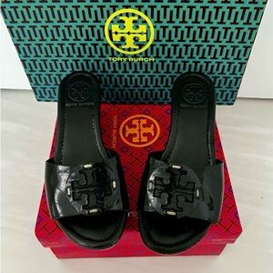 Tori Burch Sandals Women's 5.5 Black Patti Slides Patent Leather Wedge Open Toe